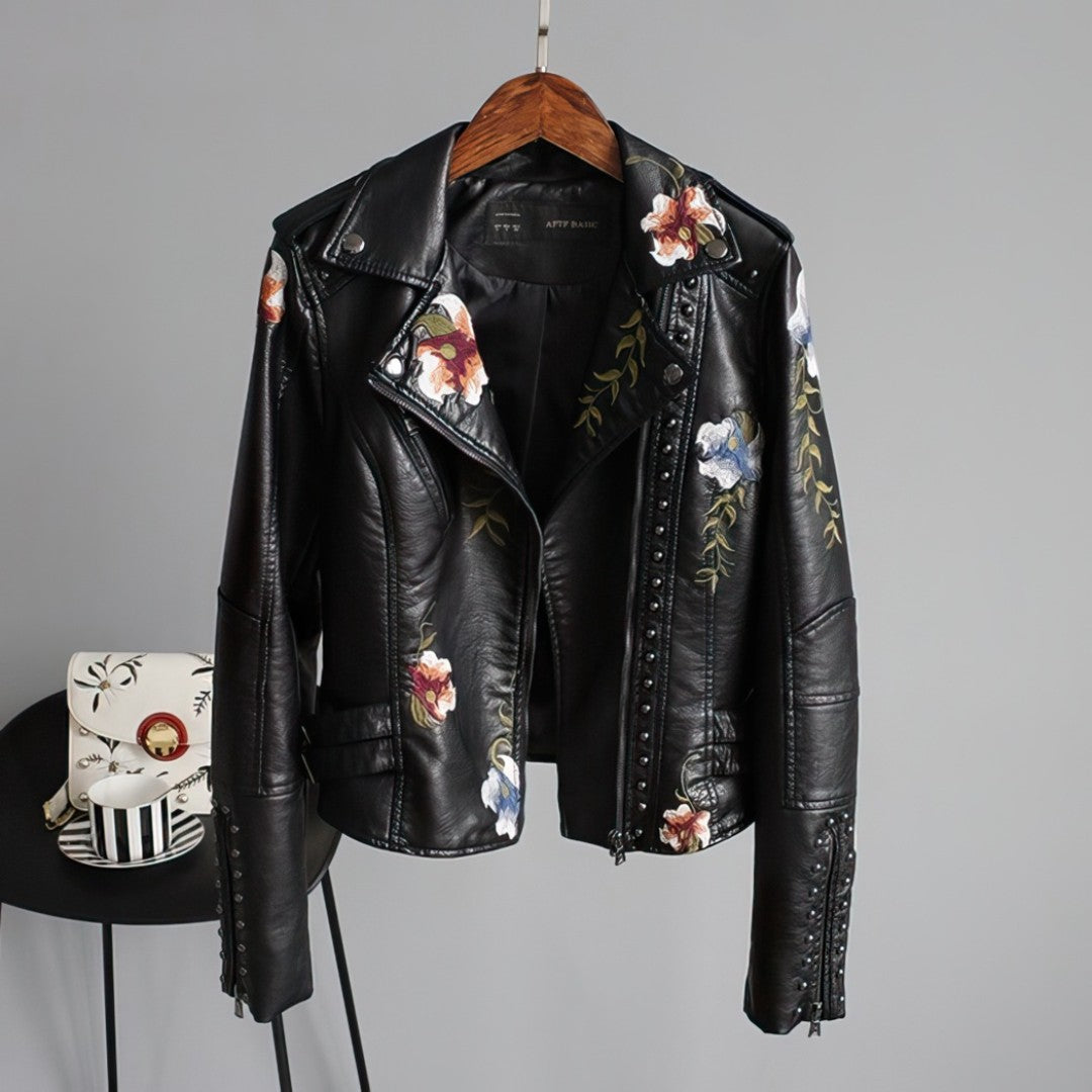 Jacqueline - Leather jacket with embroidered flowers