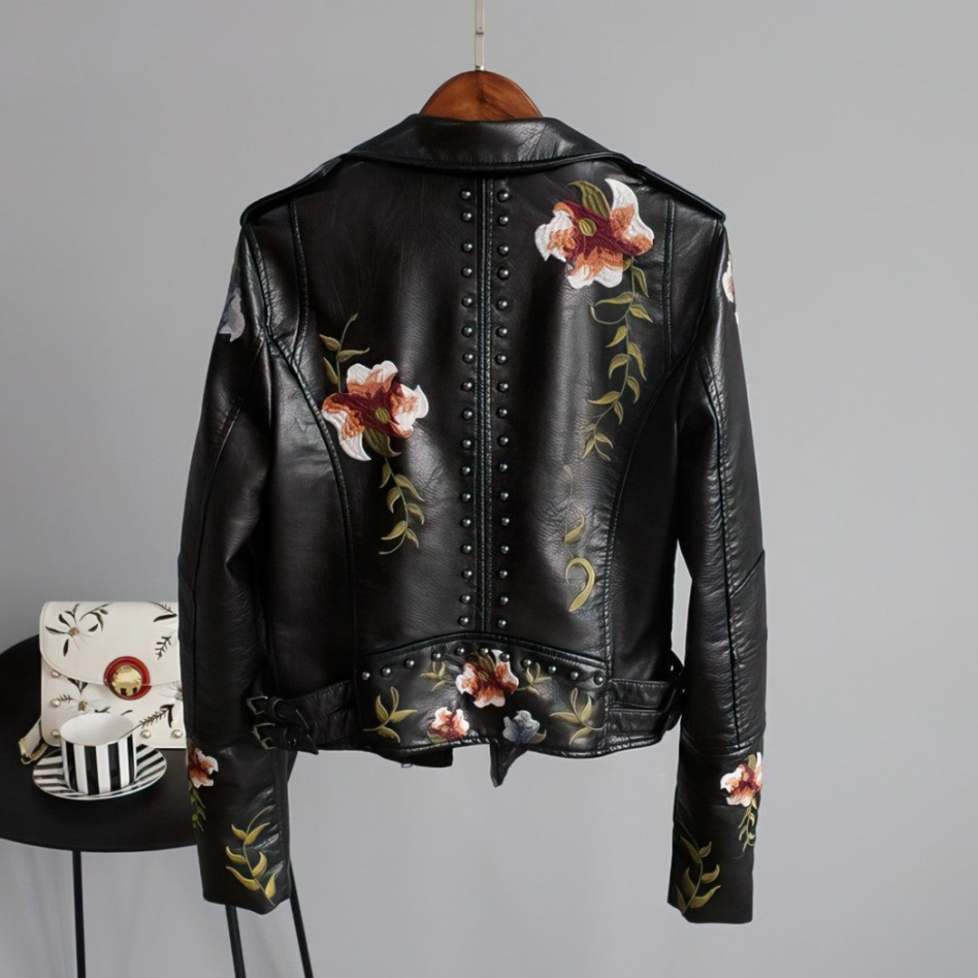 Jacqueline - Leather jacket with embroidered flowers