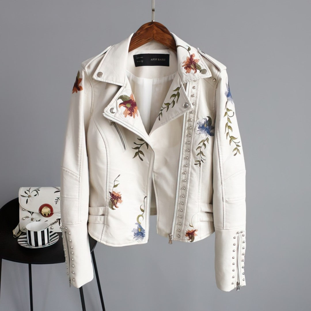 Jacqueline - Leather jacket with embroidered flowers