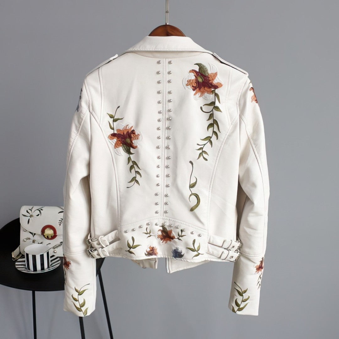 Jacqueline - Leather jacket with embroidered flowers