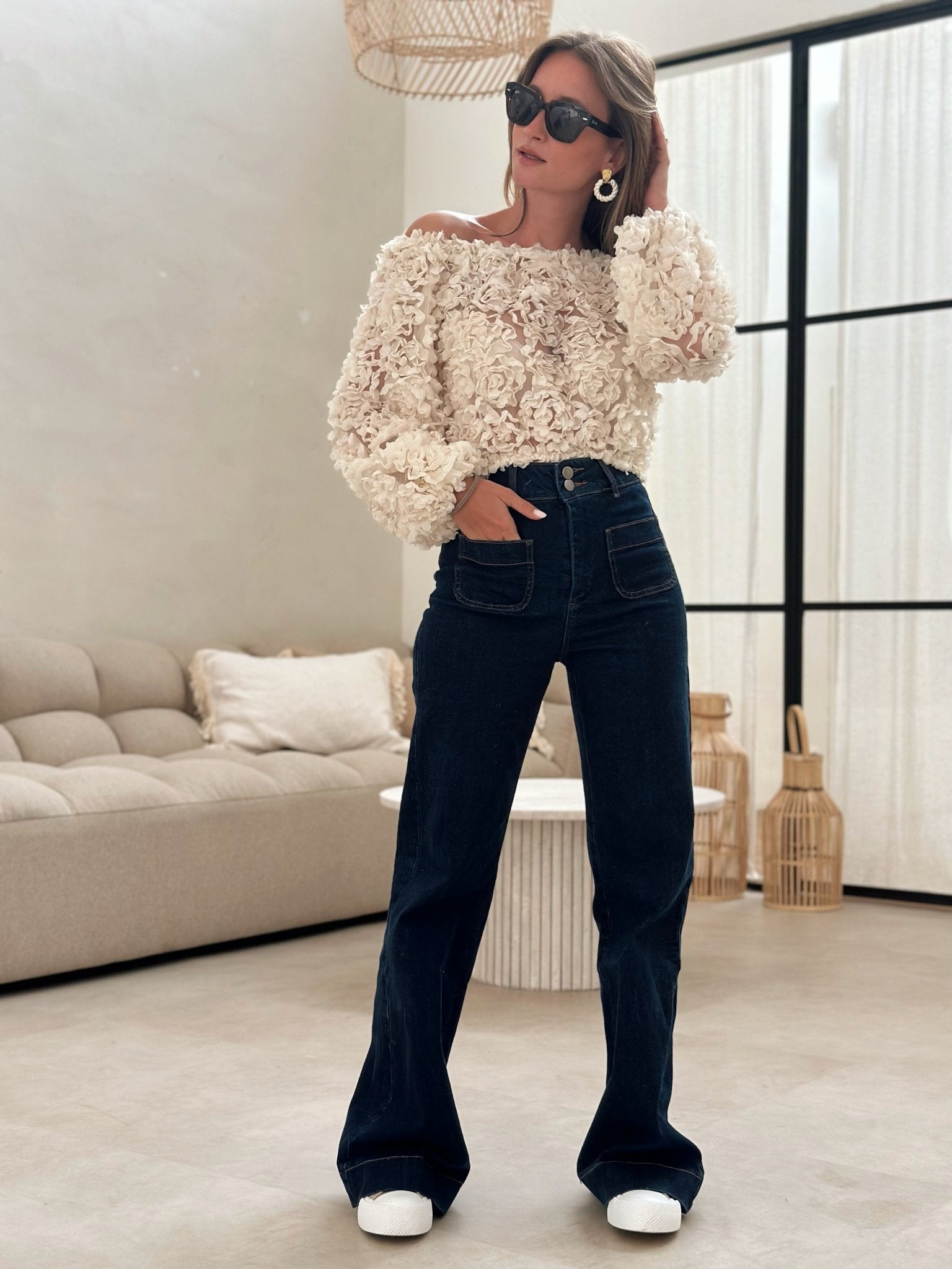 Elaris - Off-Shoulder Rose Textured Top