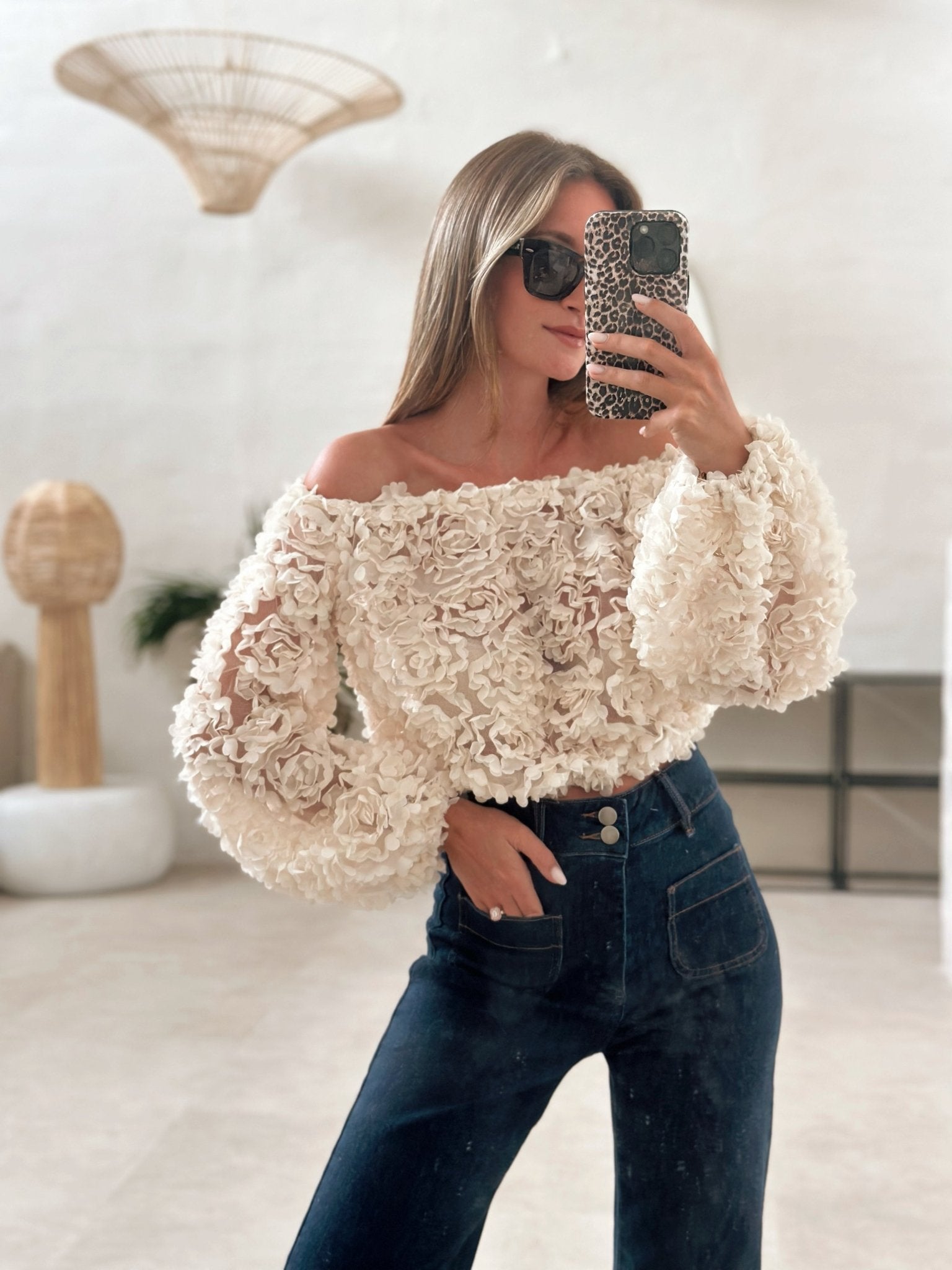 Elaris - Off-Shoulder Rose Textured Top