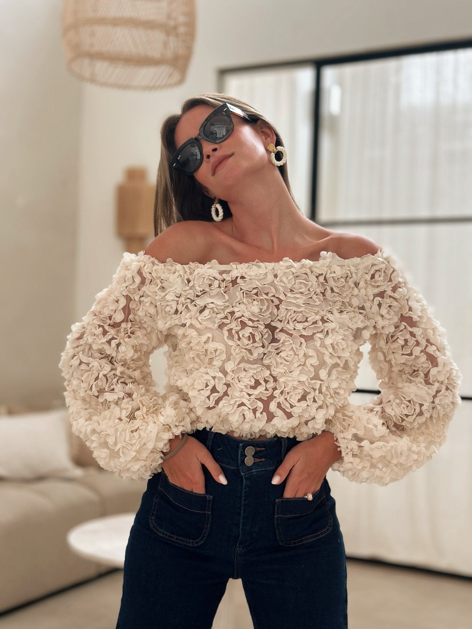 Elaris - Off-Shoulder Rose Textured Top